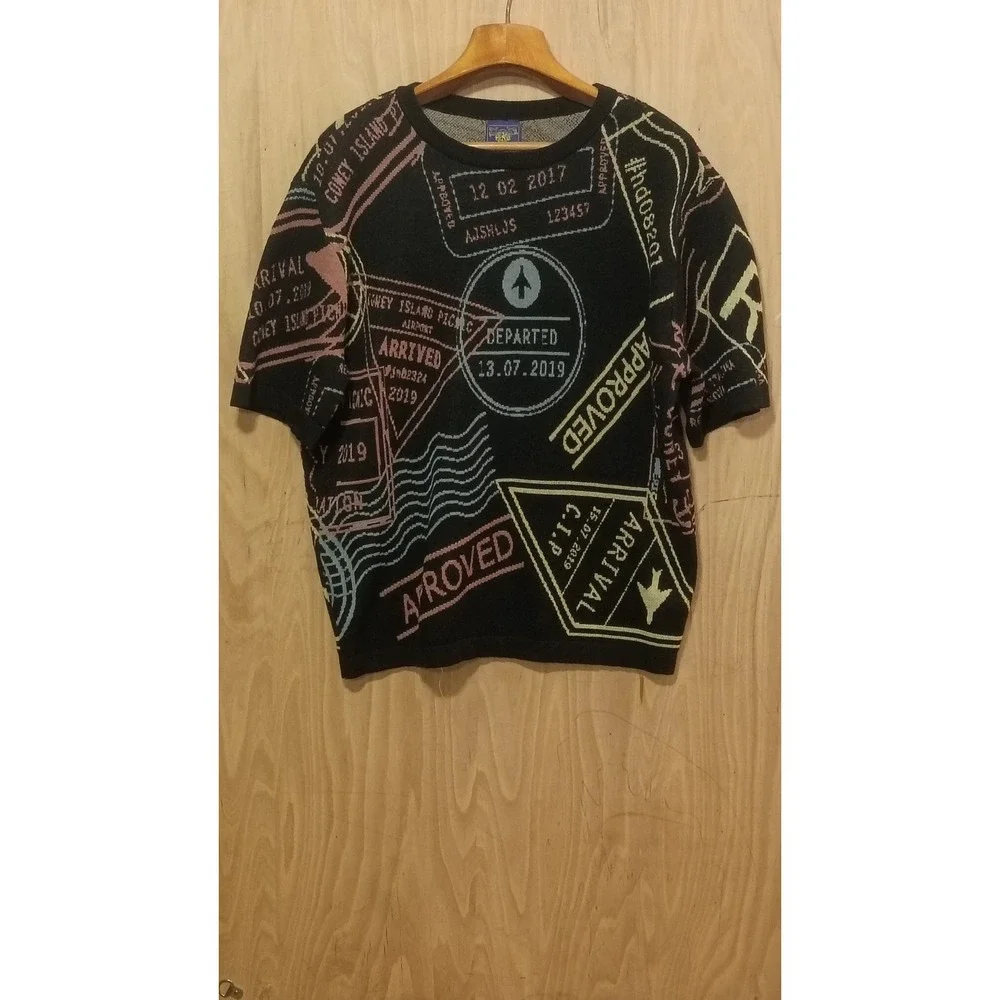 Coney Island Picnic Mens XL Passport Stamp Knit Short Sleeve Sweater Black